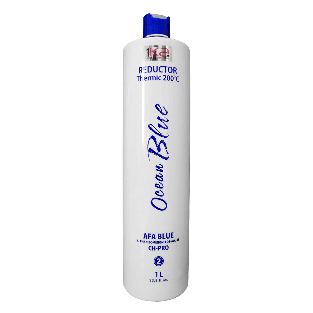 Frasco branco com detalhes azuis do redutor térmico Ocean Blue CH-PRO, para alisamento até 200°C, 1 litro