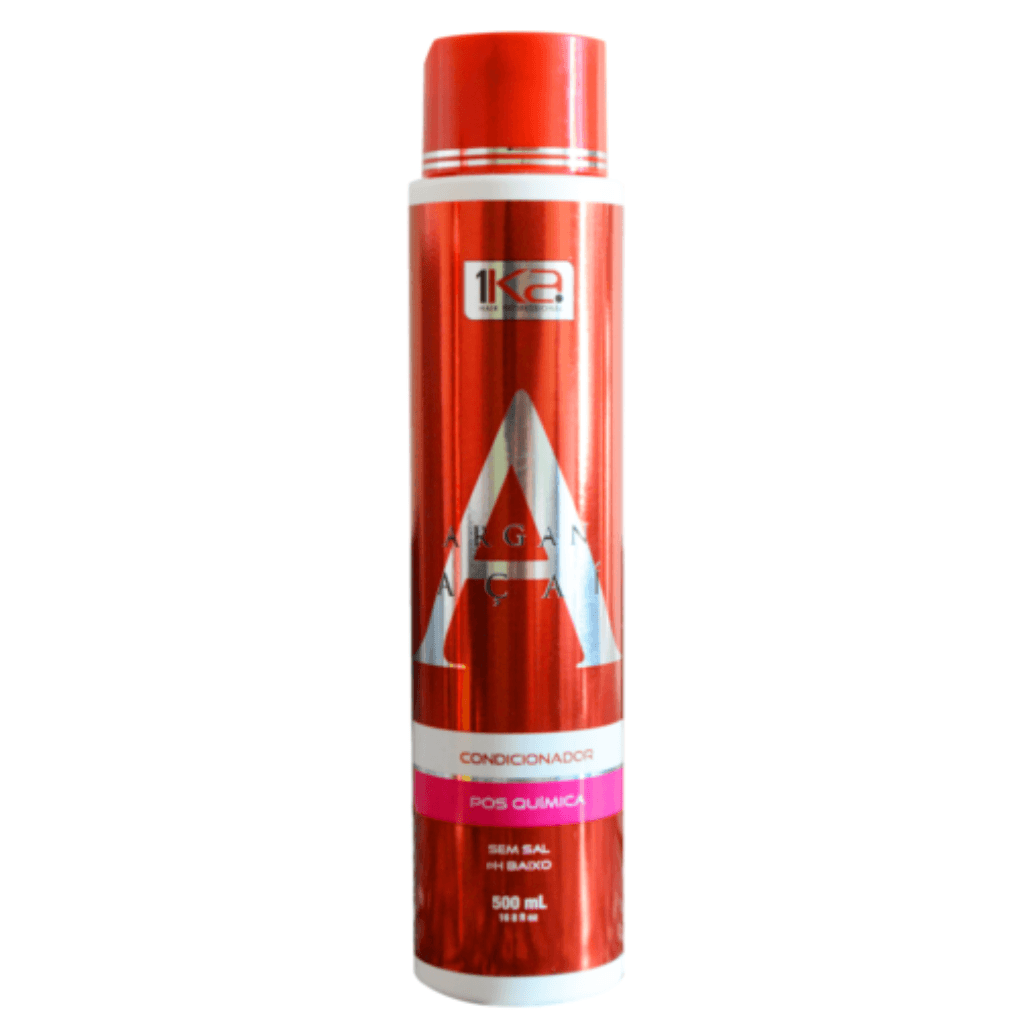 Condicionador vermelho 1KA, 500ml, pós-química, sem sal, pH baixo, hidrata e protege cabelos.