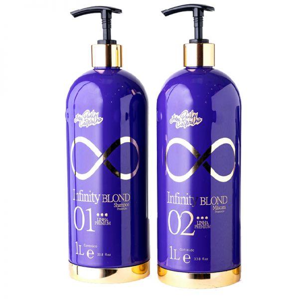 Dois frascos roxos com detalhes dourados: shampoo e máscara Infinity BLOND, 1 litro, para cuidados do cabelo loiro