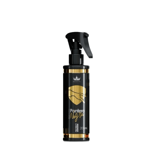 Frasco preto e dourado com bico spray de óleo finalizador para cabelo Pantera Negra, 200 ml.