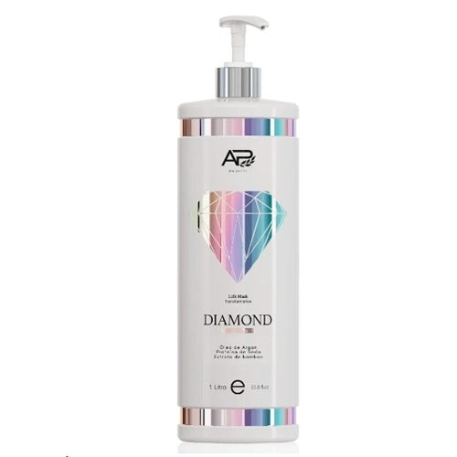 Frasco branco de máscara capilar Diamond com dispensador, formulada com óleo de argan e extrato de bambu.