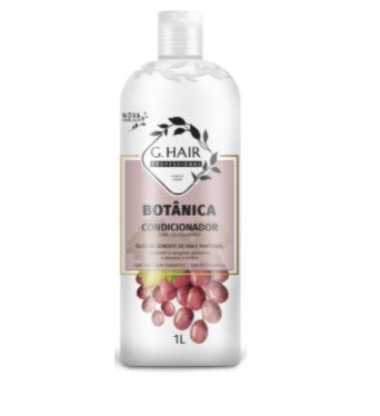 Condicionador G.Hair Botânica para cabelos coloridos, embalagem transparente 1 litro com uvas no rótulo
