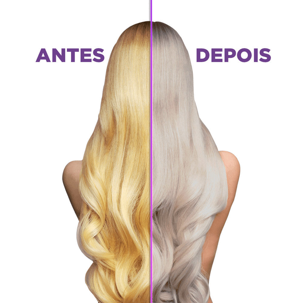Comparação de cabelos loiro dourado antes e platinado prateado depois, mostrando transformação capilar.