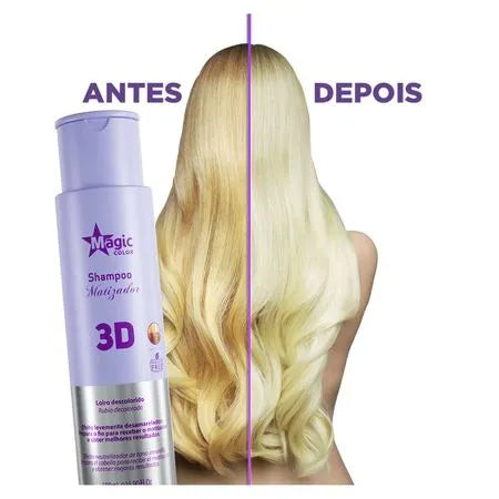 Frasco azul de shampoo Magic Color ao lado de comparação antes e depois mostrando cabelos mais brilhantes e tratados