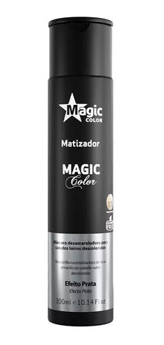 Frasco preto de máscara matizadora Magic Color para cabelos, 300 ml, com detalhes em branco e dourado