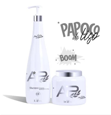 Conjunto de shampoo e creme branco para alisar cabelo, rótulos com &