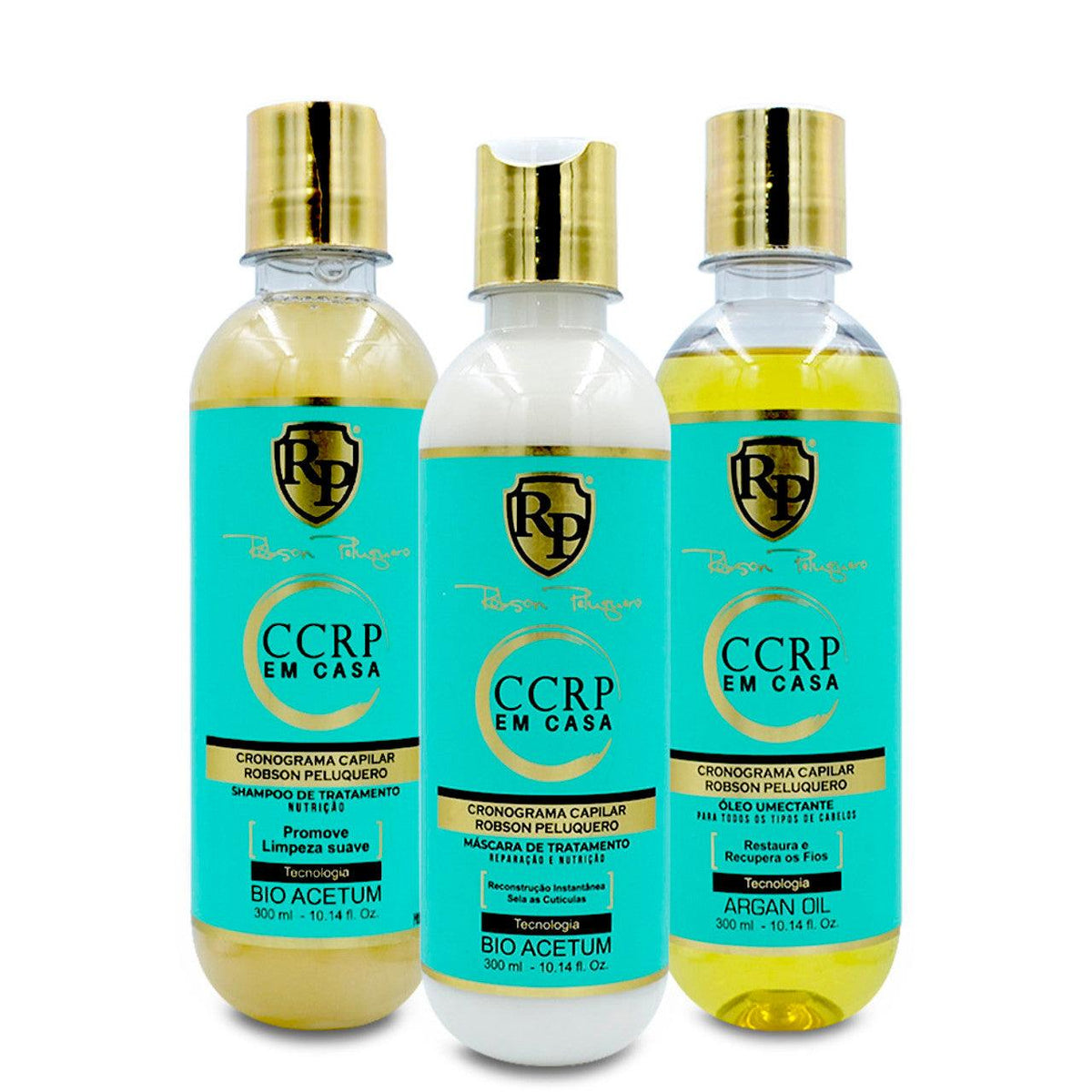 Kit cuidado capilar Robson Peluqueiro com shampoo, máscara e óleo de argan, frascos azuis e dourados 300 ml