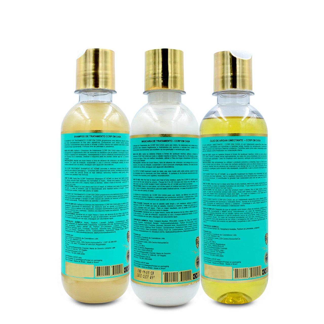 Kit capilar com shampoo, máscara e óleo de argan, rótulos azuis e tampas douradas para tratamento capilar