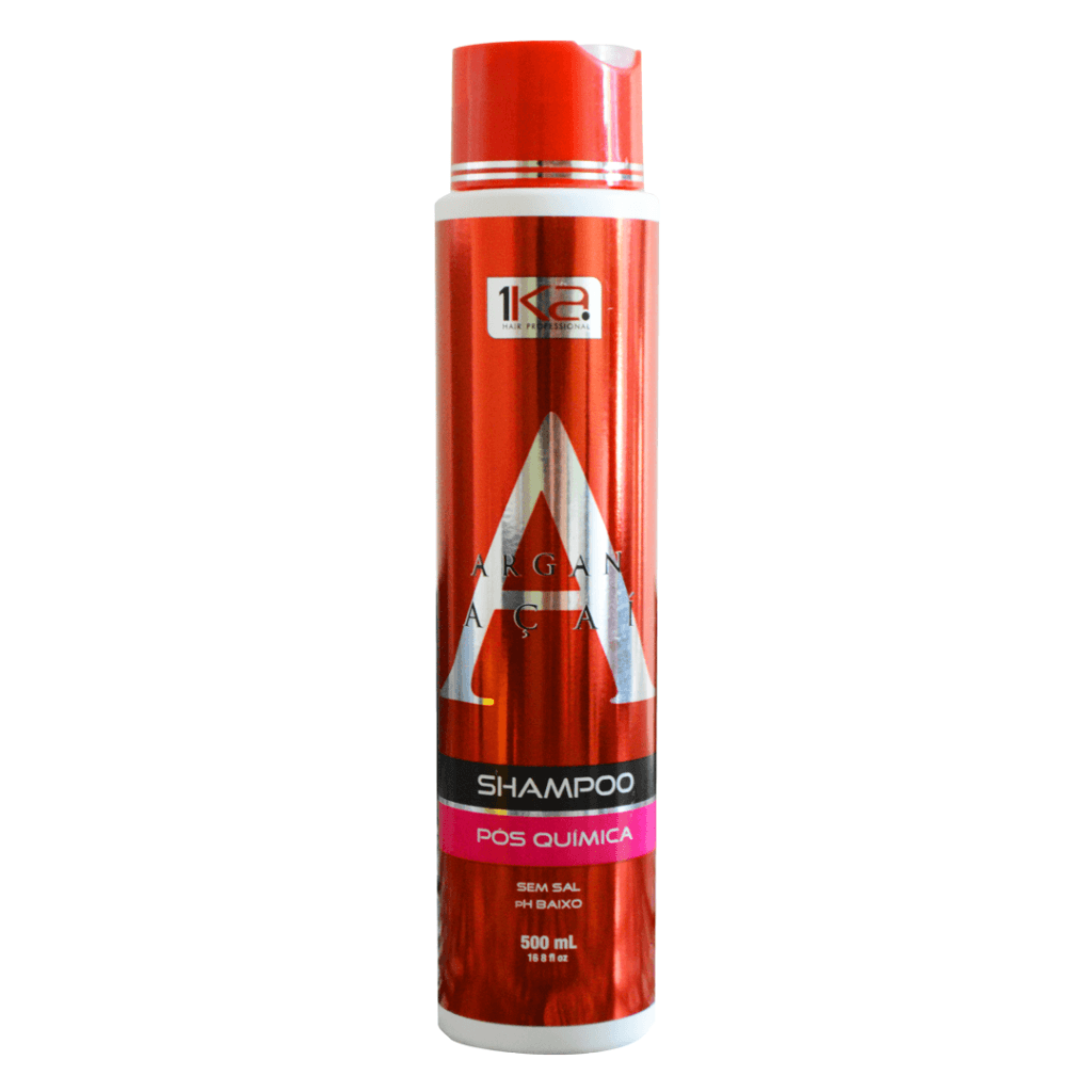 Frasco vermelho de shampoo pós-química 1KA, 500ml, com rótulo preto e prata, para cabelos tratados.