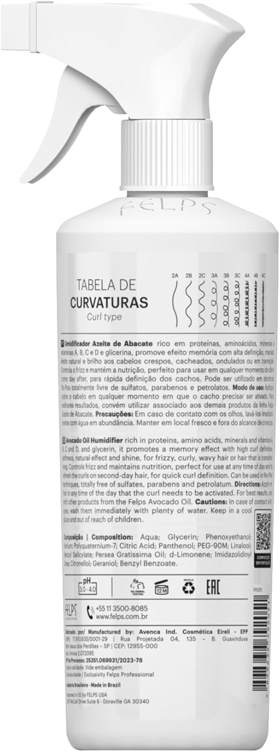 FELPS, Cachos Azeite De Abacate Umidificador de Cachos, Finishing Oil For Hair, 500ml