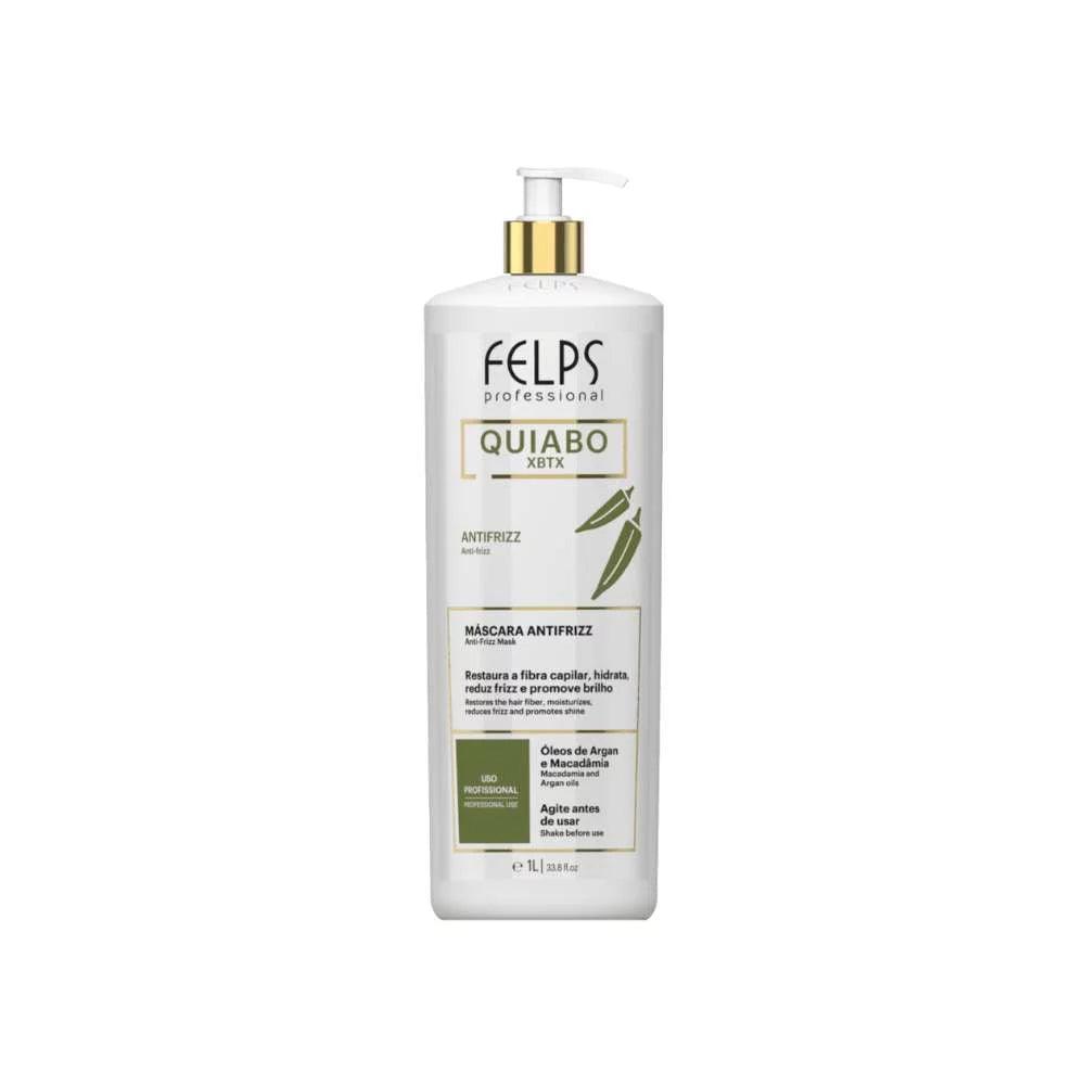 Frasco branco da máscara capilar Felps Quiabo XBtx 1 litro, controle de frizz com óleos de argan e macadâmia
