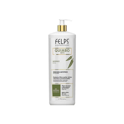 Frasco branco da máscara capilar Felps Quiabo XBtx 1 litro, controle de frizz com óleos de argan e macadâmia