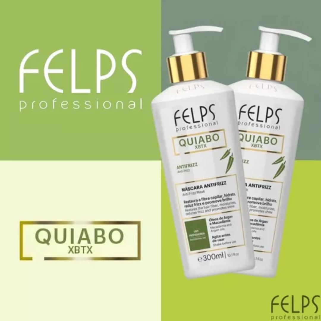 Máscara antifrizz FELPS Professional QUIABO XBTX em frasco verde com detalhes dourados para cabelo