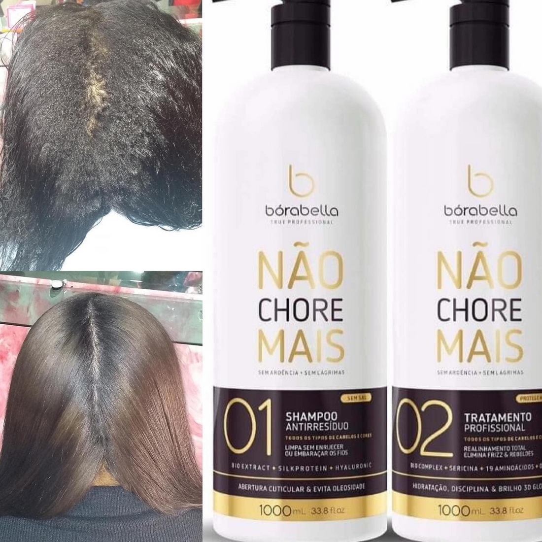 Borabella Não Chore Mais No More Crying Brazilian Keratin Treatment 2x1000ml  33.8 oz | Progressive Brush | Smoothing and Straightening System | Volume Reducer | 100% Straight Hair