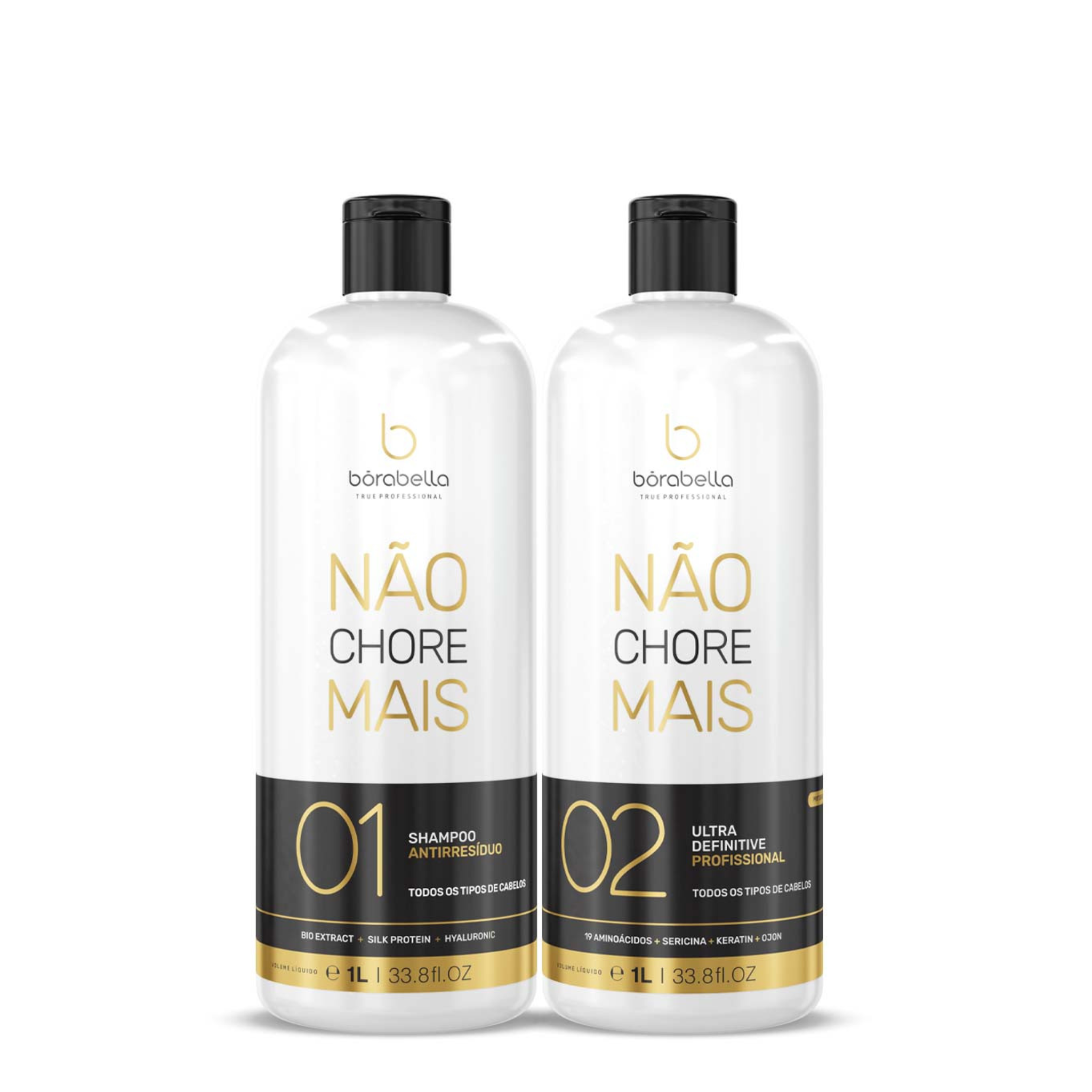 Borabella Nao Chore Mais Koniec z płaczem Brazylijska kuracja keratynowa 2x1000ml 33,8 oz | Pędzel progresywny | System wygładzania i prostowania | Reduktor głośności | 100% proste włosy 