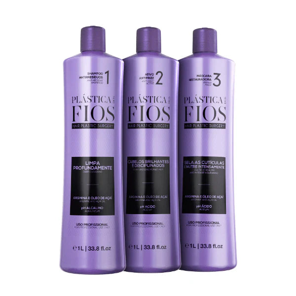 Cadiveu - Plastica Dos Fios Brazylijski Keratynowy system wygładzający włosy Aktywny szampon przeciw puszeniu się, zapobiegający osadzaniu się pozostałości i maska ​​naprawcza - Najlepszy system leczenia - (3x1000 ml | 33,8 uncji))