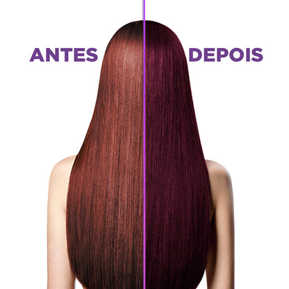 Comparação lado a lado mostrando transformação de cabelo de castanho avermelhado para roxo vibrante