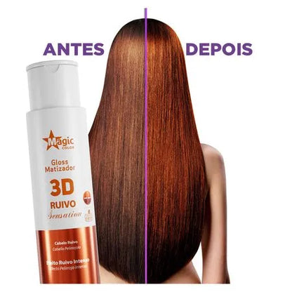 Produto Gloss Matizador 3D Ruivo 500ml com cabelo ruivo antes e depois do uso mostrando brilho e cor intensa