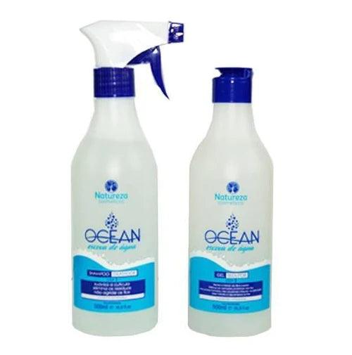 Dois frascos brancos da linha OCEAN: shampoo e gel para styling, com detalhes em azul, da marca Natureza.