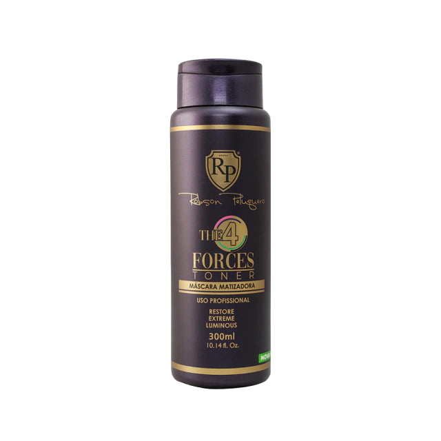 Frasco cilíndrico preto e dourado, 300ml, máscara tonalizante para cabelos da Robson Peluquero, uso profissional