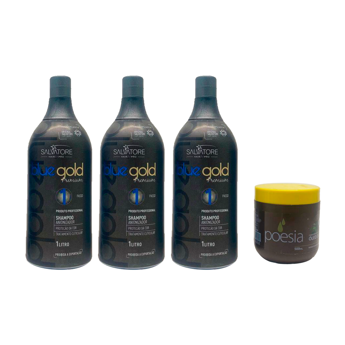 Salvatore, Blue Gold, Deep Cleansing Shampoo For Hair, 3x1L + Poesia Oleo de Coco, Hair Mask, 500g