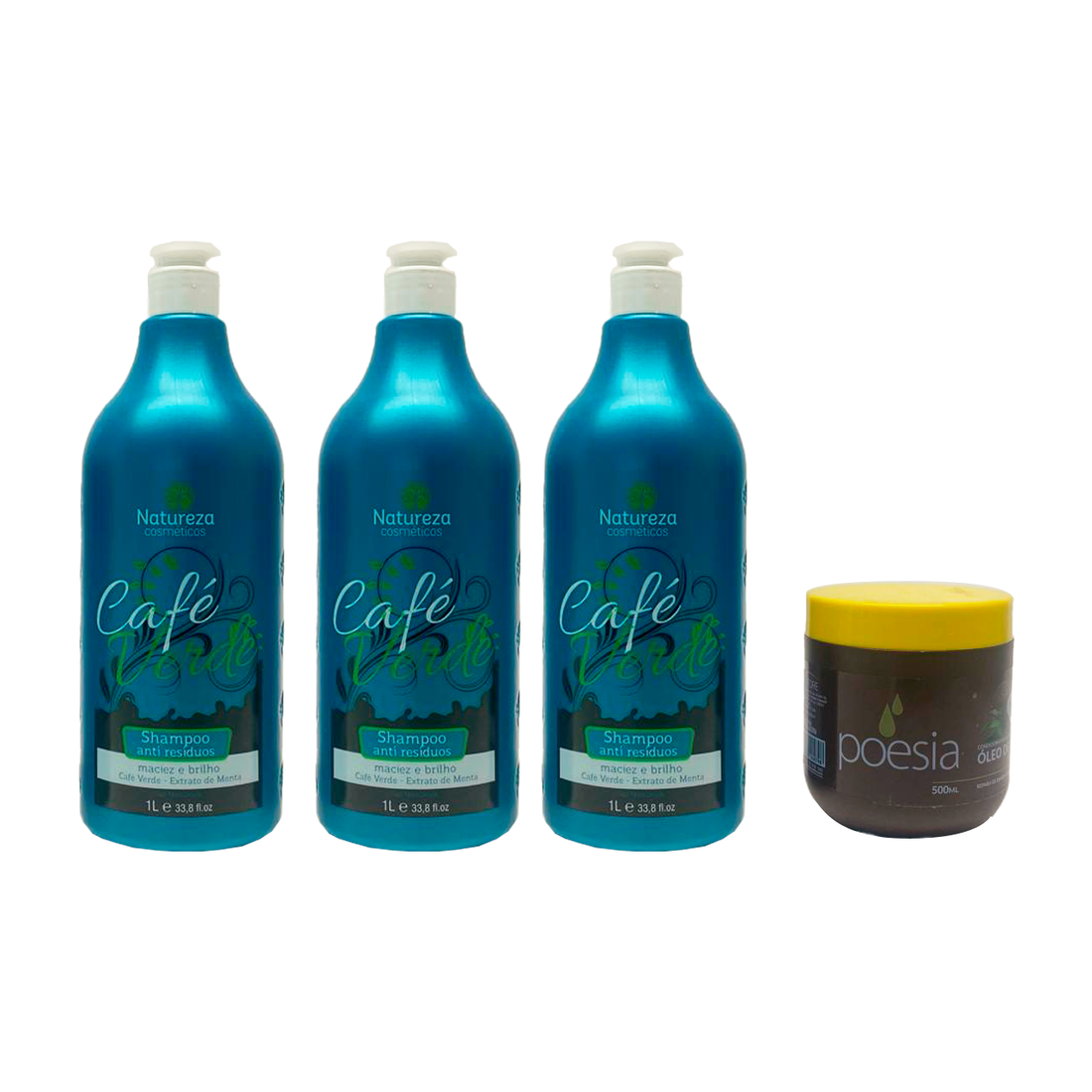 Natureza Cosmeticos, Kit Escova de Cafe Verde Deep Cleansing Shampoo, 3x1L + Poesia Oleo de Coco, Hair Mask, 500g
