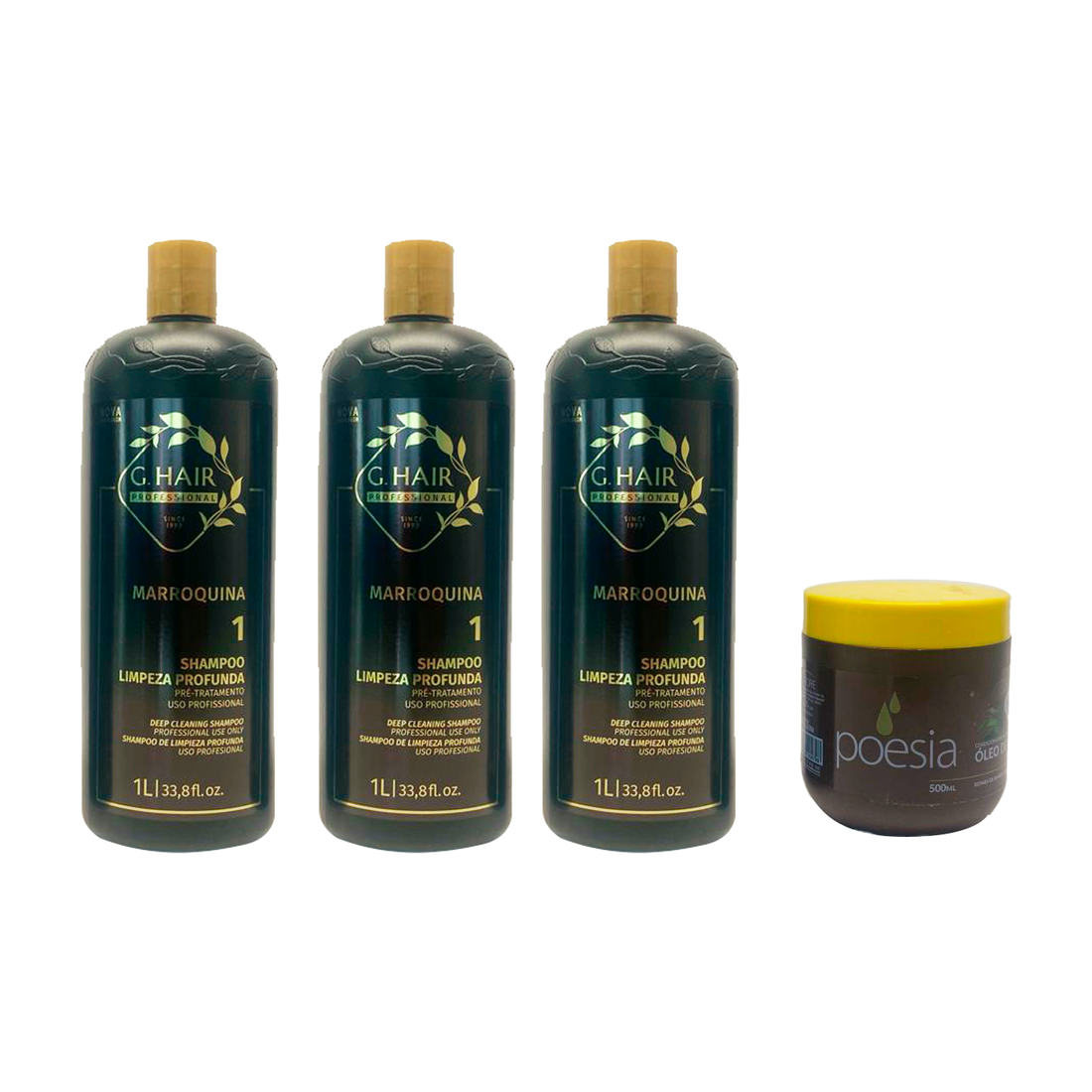 G Hair, Marroquina Deep Cleansing Shampoo, 3x1L + Poesia Oleo de Coco, Hair Mask, 500g