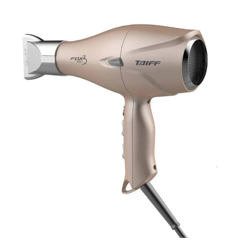 Secador de cabelo Taiff Fox dourado com design moderno, bico direcionador e botões de controle, 2100W